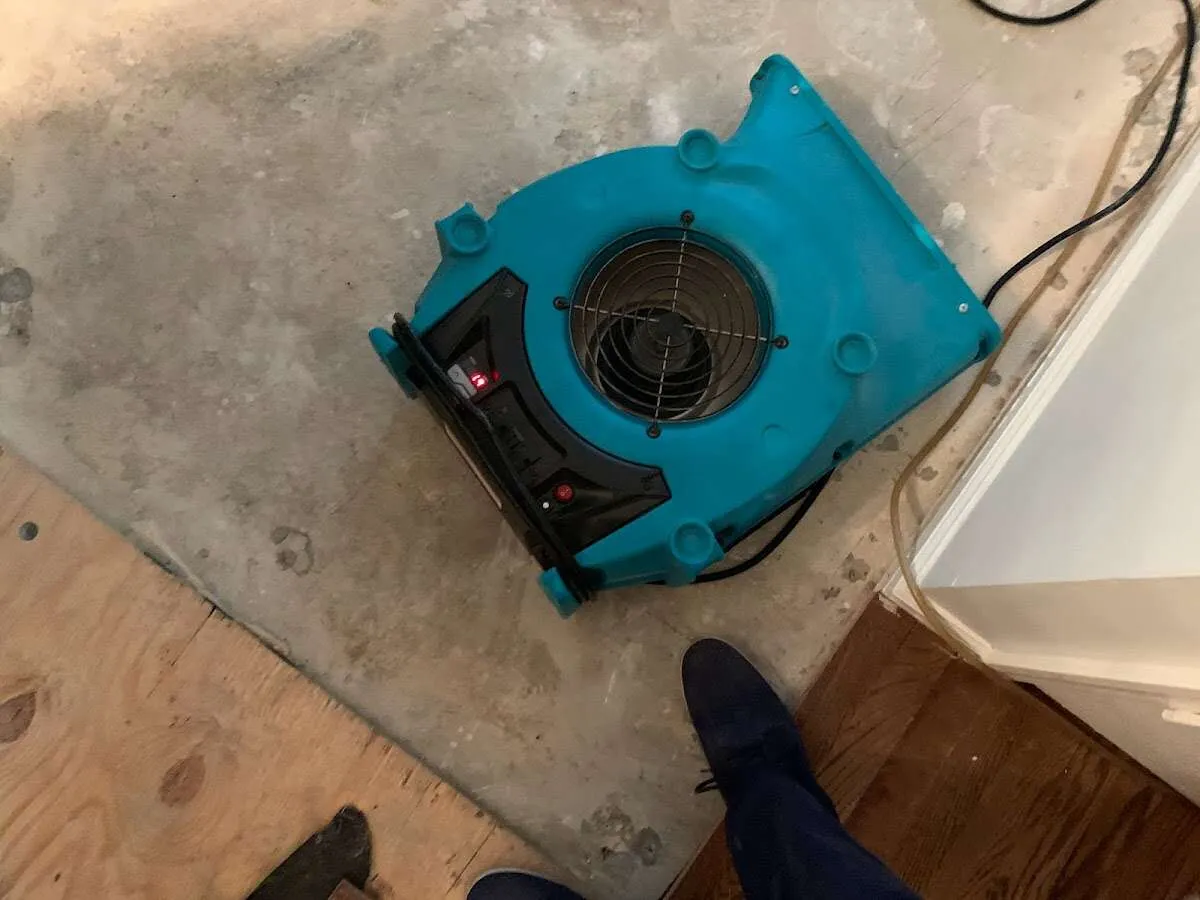 Air mover drying subfloor during Commercial Water Damage Restoration in Republic